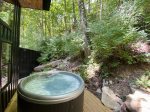 A hot tub with a forested view